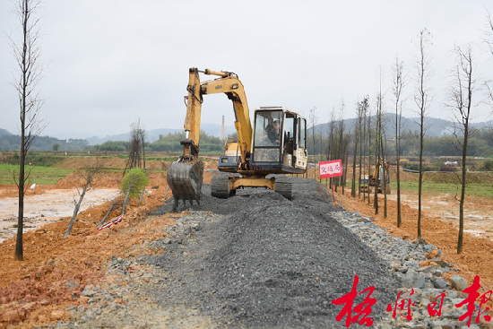 月12日，在萬秀區夏郢鎮，施工機械正鋪設道路沙石。     夏郢鎮依托思良江兩岸山水自然風光，開發休閑農業觀光項目。萬秀區政府與市直有關部門共同在該項目的油菜花基地修建一條沙石道路，既方便游客，又為村民生產勞動提供便利。      孟亞西  攝   